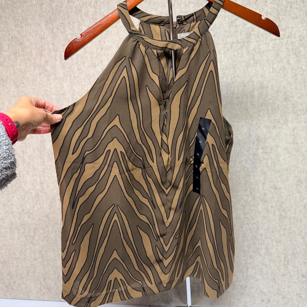 Banana Republic NWT Halter Top XS Brown Abstract Zebra Animal Blouse Keyhole